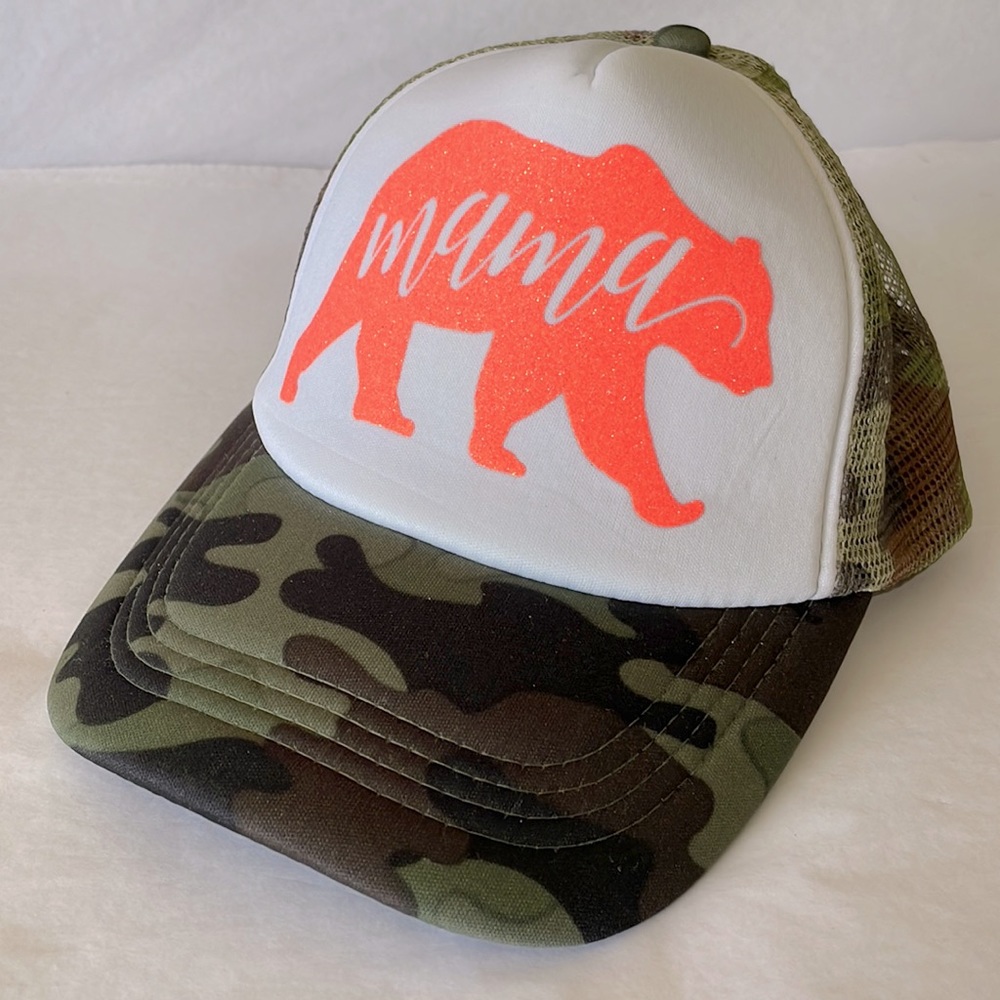 Trucker style hat camo and white with mama bear‎ design salmon color glit…
